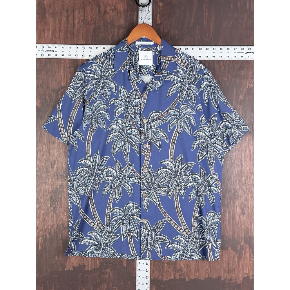 Caribbean Hawaiian Shirt AOP Palm Trees Performance Button Stretch Blue Men Larg